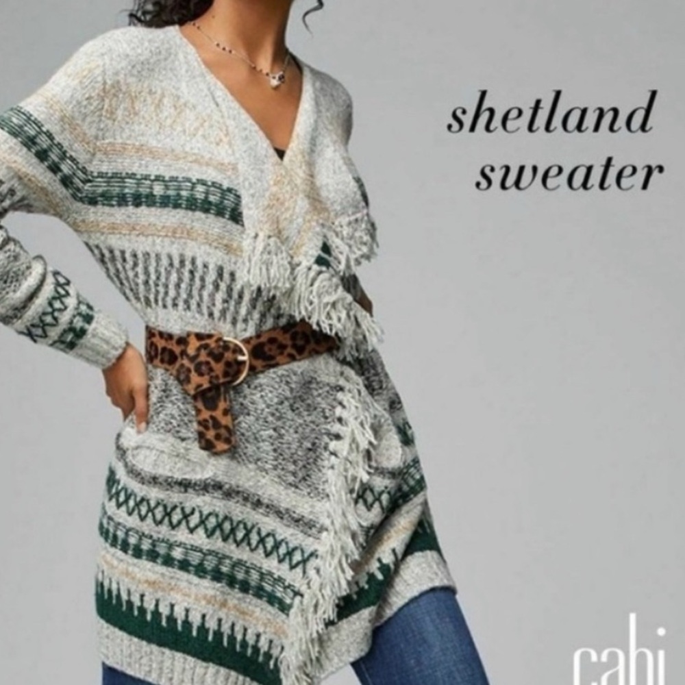 CABI SHETLAND FRINGE CARDIGAN SWEATER SOUTHWESTERN AZTEC PRINT TAUPE GRAY GREEN